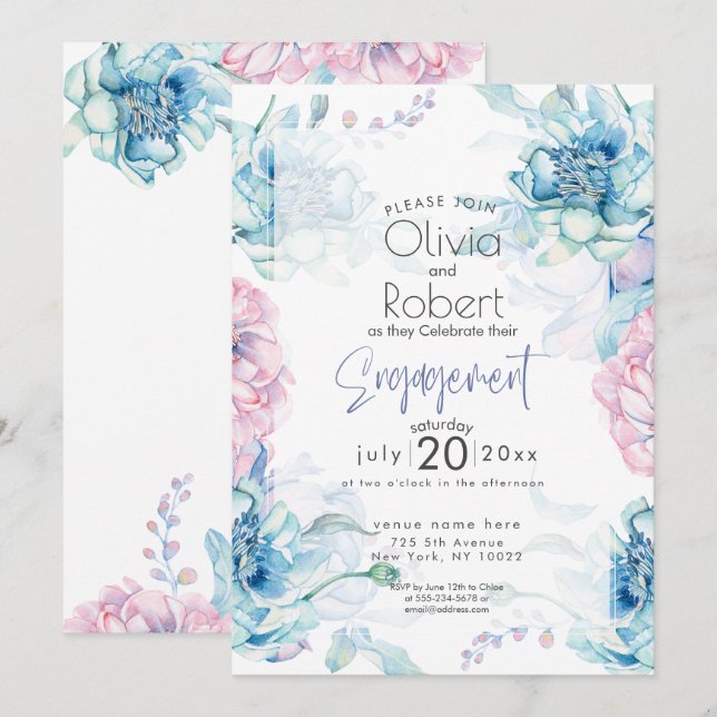 Wedding | Sky Blue and Bubblegum Pink Peonies Invitation (Front/Back)