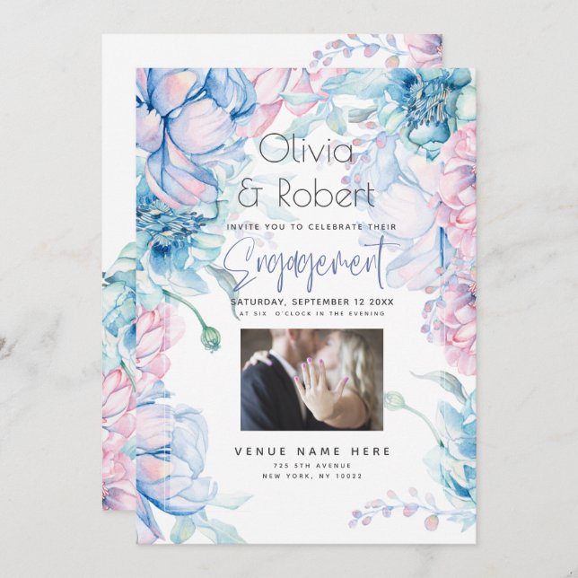 Wedding | Sky Blue and Bubblegum Pink Peonies Invitation (Front/Back)