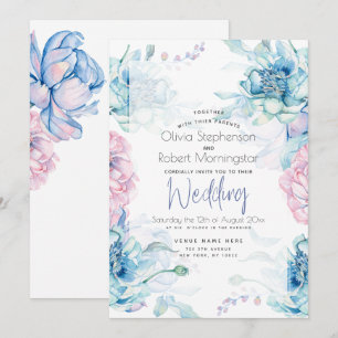 Wedding   Sky Blue and Bubblegum Pink Peonies Invitation