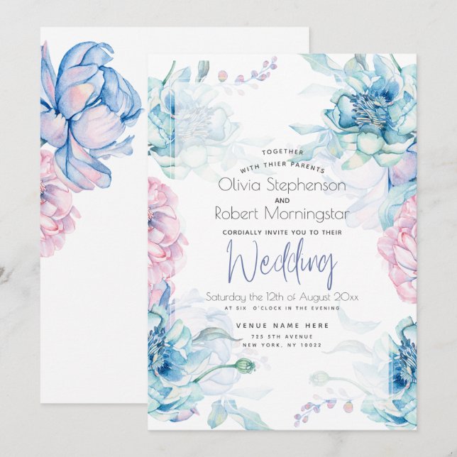 Wedding | Sky Blue and Bubblegum Pink Peonies Invitation (Front/Back)