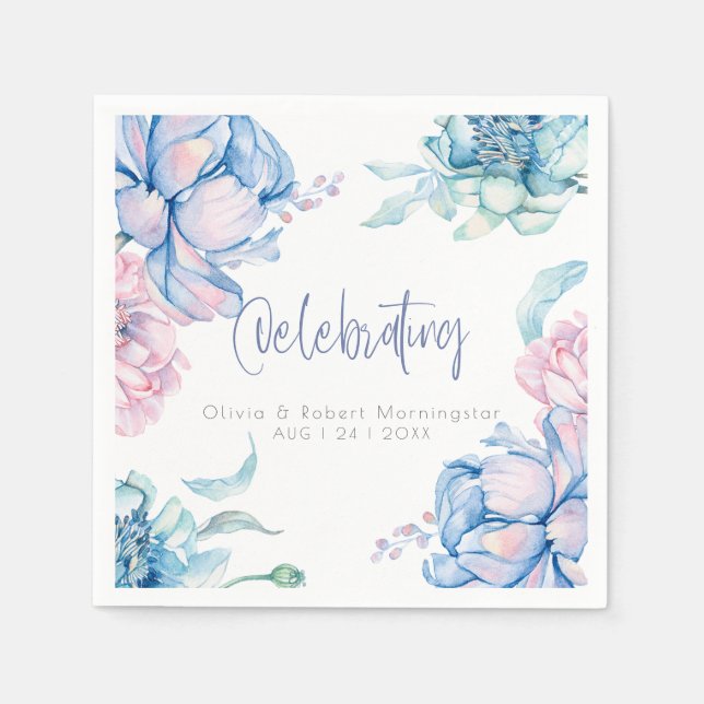 Wedding | Sky Blue and Bubblegum Pink Peonies Napkin (Front)