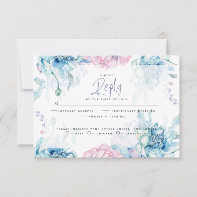 Wedding | Sky Blue and Bubblegum Pink Peonies RSVP Card (Front)