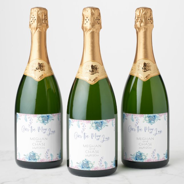 Wedding | Sky Blue and Bubblegum Pink Peonies Sparkling Wine Label (Bottles)
