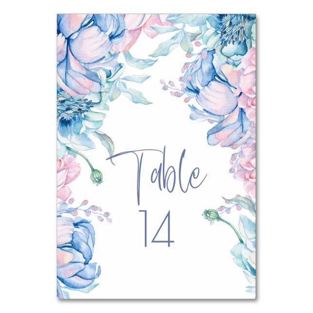 Wedding | Sky Blue and Bubblegum Pink Peonies Table Number (Front)