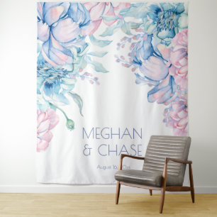 Wedding Sky Blue and Bubblegum Pink Peonies Tapestry