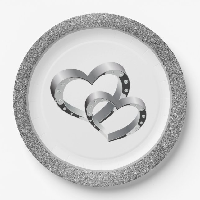 Wedding SLVR Glitter 9" Paper Plates-Two Hearts Paper Plate (Front)