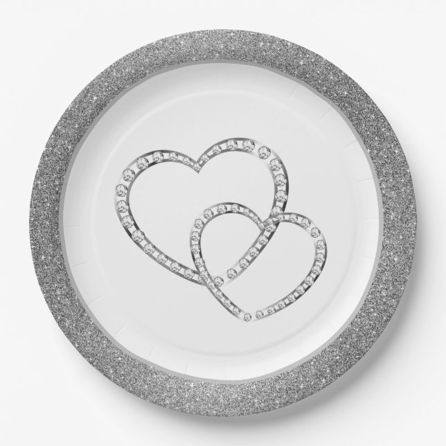 Wedding SLVR Glitter 9" Paper Plates-Two Hearts Paper Plate (Front)