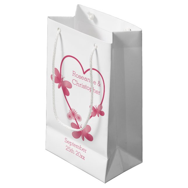 Wedding Small Gift Bag Pink Heart And Butterflies (Front Angled)