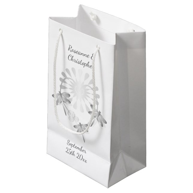 Wedding Small Gift Bag Silver Dragonflies Heart (Front Angled)