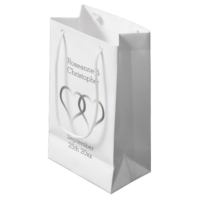 Wedding Small Gift Bag Silver Hearts (Front Angled)
