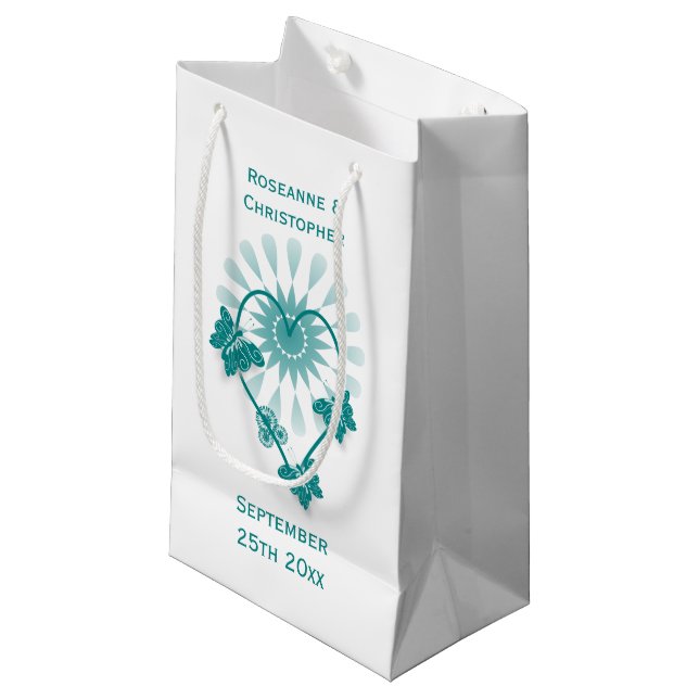 Wedding Small Gift Bag Teal Butterflies Heart (Front Angled)