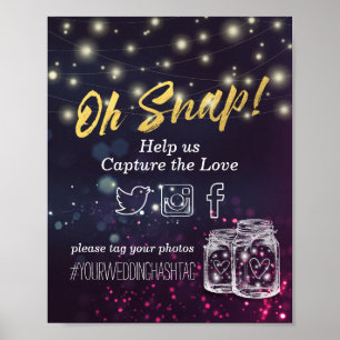 Wedding Snap Hashtag Mason Jar Purple String Light Poster