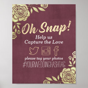 Wedding Snap Hashtag Modern Gold Rose Burgundy Red Poster