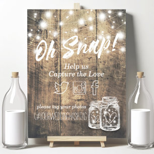Wedding Snap Hashtag Rustic Wood Mason Jar Lights Poster