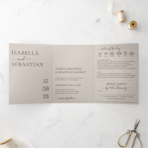 Wedding Soft Beige All in one set kindly reply Tri-Fold Invitation