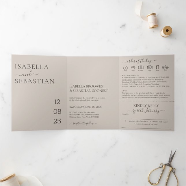 Wedding Soft Beige All in one set kindly reply Tri-Fold Invitation (Inside)