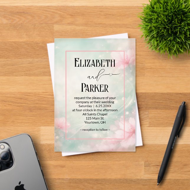 Wedding Soft Pink Flowers on Mint Green Acrylic Invitations (Insitu (Invitation Card))