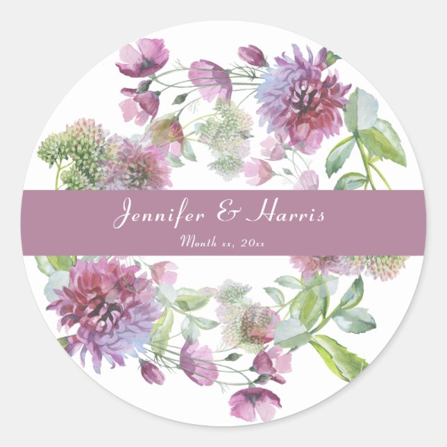 Wedding Soft Purple Floral  Classic Round Sticker (Front)