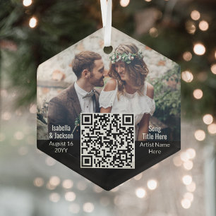 Wedding Song QR Code & Newlyweds Photo Hexagon Glass Tree Decoration