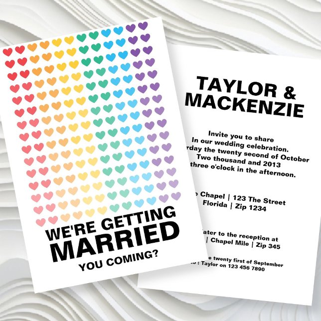 Wedding Sounds Gay Fun Rainbow Pride Invitation (Wedding Sounds Gay Fun Rainbow Pride Invitations by Ricaso. Same sex wedding invites with hearts)