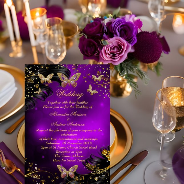 Wedding Sparkle purple Gold Black Butterfly Invitation (Creator Uploaded)