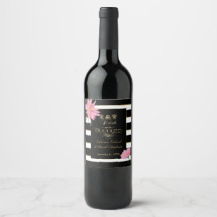Wedding Sparkling Wine Pink Floral Black White Str Wine Label
