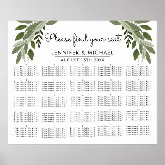 Wedding Sprigs - Alphabetical Seating Chart (Front)