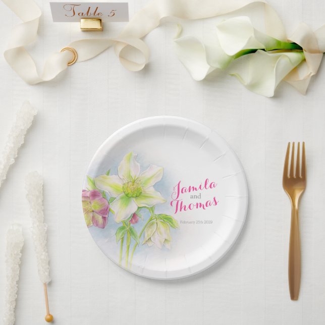 Wedding Spring hellebore personalised paper plates (Wedding)