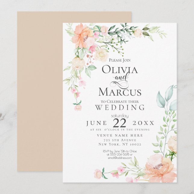 WEDDING | Spring Pastel Watercolor Flowers Invitation (Front/Back)