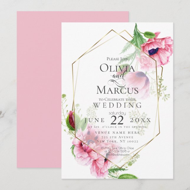 WEDDING | Spring Pink Poppy Floral Invitation (Front/Back)