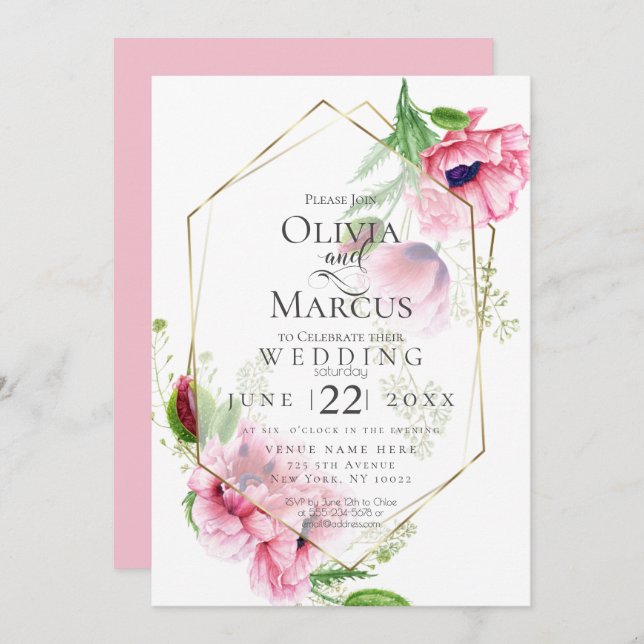 WEDDING | Spring Pink Poppy Floral Invitation (Front/Back)