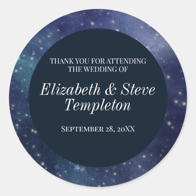 Wedding Starry Night Celestial Thank You Navy Classic Round Sticker (Front)