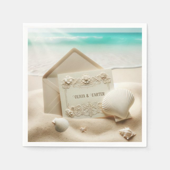 Wedding Stationery In Ocean Beach Sand Napkin (Front)