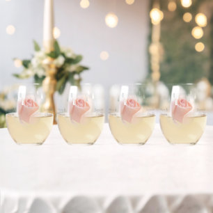 Wedding Stemless Wine Glasses Peach Pink Rosebud