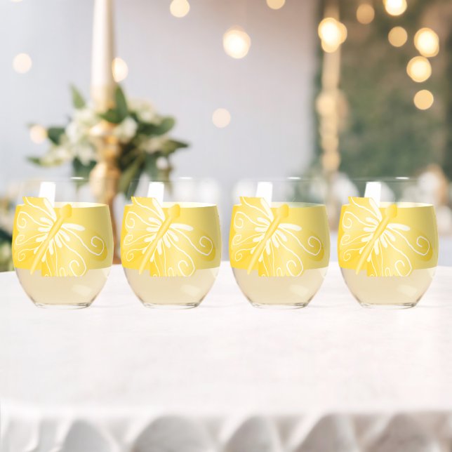 Wedding Stemless Wine Glasses Yellow Butterfly (Insitu (Wedding))