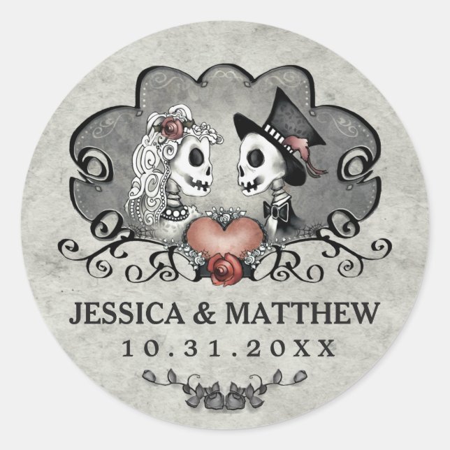 Wedding Sticker - Black & Grey Skeletons & Heart (Front)