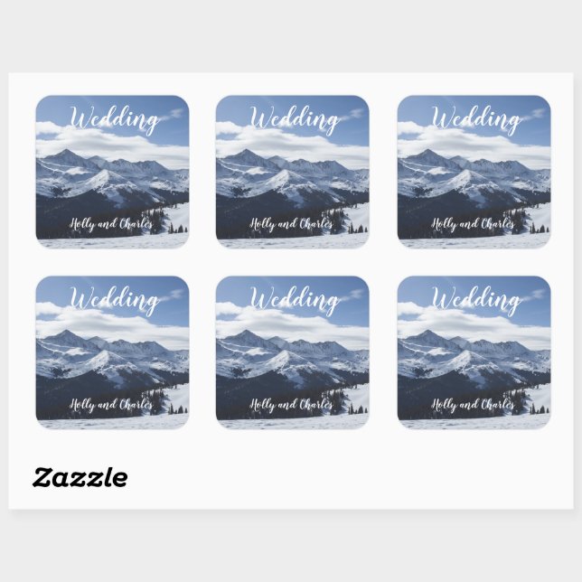 Wedding Stickers. Atmospheric Snowy Mountains Square Sticker (Sheet)
