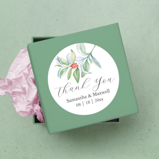 Wedding Stickers Thank You Simple Christmas (Wedding sticker for favors Christmas botanical watercolor art by Victoria Grigaliunas)