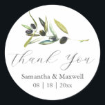 Wedding Stickers Thank You Simple Olive Branch<br><div class="desc">These wedding stickers feature the words "Thank You" set in trendy script typography. Use the template fields to add your custom names and wedding date. A single watercolor olive branch adorns the top. To see matching rustic wedding stationery visit www.zazzle.com/dotellabelle 

Watercolor art and design by Victoria Grigaliunas</div>