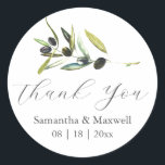 Wedding Stickers Thank You Simple Olive Branch<br><div class="desc">These wedding stickers feature the words "Thank You" set in trendy script typography. Use the template fields to add your custom names and wedding date. A single watercolor olive branch adorns the top. To see matching rustic wedding stationery visit www.zazzle.com/dotellabelle 

Watercolor art and design by Victoria Grigaliunas</div>