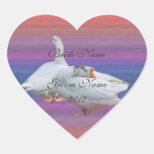 wedding stickers. two white geese. heart sticker