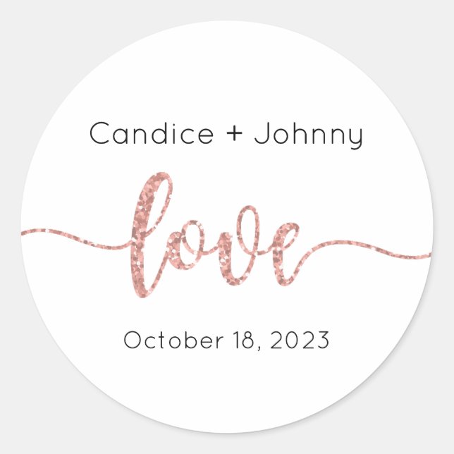 Wedding Stickers, Wedding Labels, Script, Love Classic Round Sticker (Front)