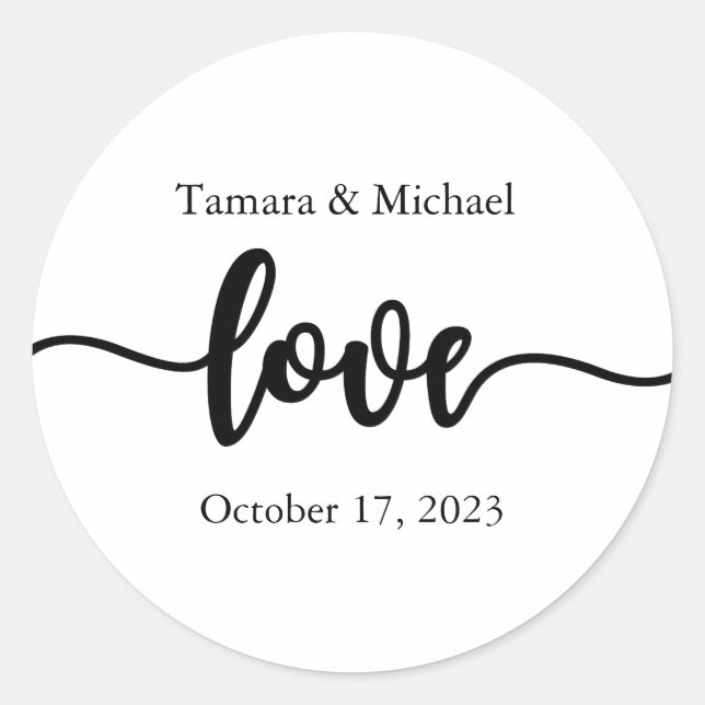 Wedding Stickers, Wedding Labels, Script, Love Classic Round Sticker (Front)