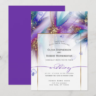 WEDDING    Striking Teal Purple Abstract Flower Invitation