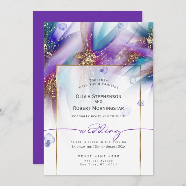 WEDDING  | Striking Teal Purple Abstract Flower Invitation (Front/Back)