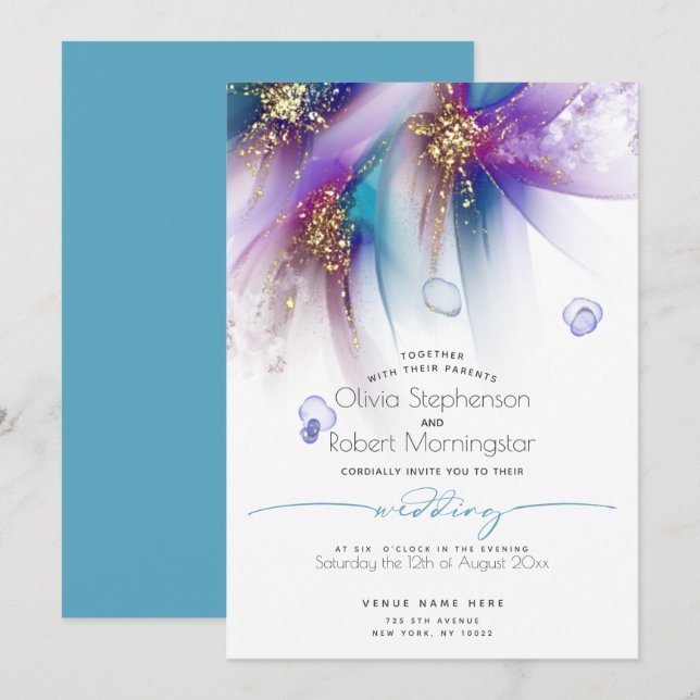 WEDDING  | Striking Teal Purple Abstract Invitation (Front/Back)
