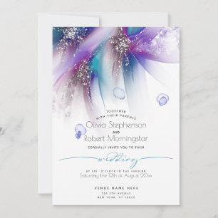 WEDDING    Striking Teal Purple Abstract Silver Invitation