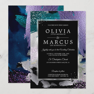 Wedding   Stunning Bold Teal Lavender Abstract Invitation