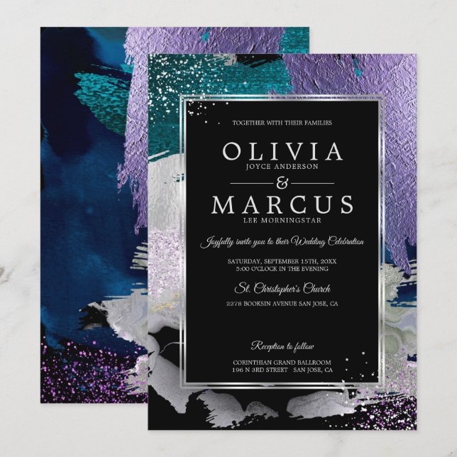 Wedding | Stunning Bold Teal Lavender Abstract Invitation (Front/Back)