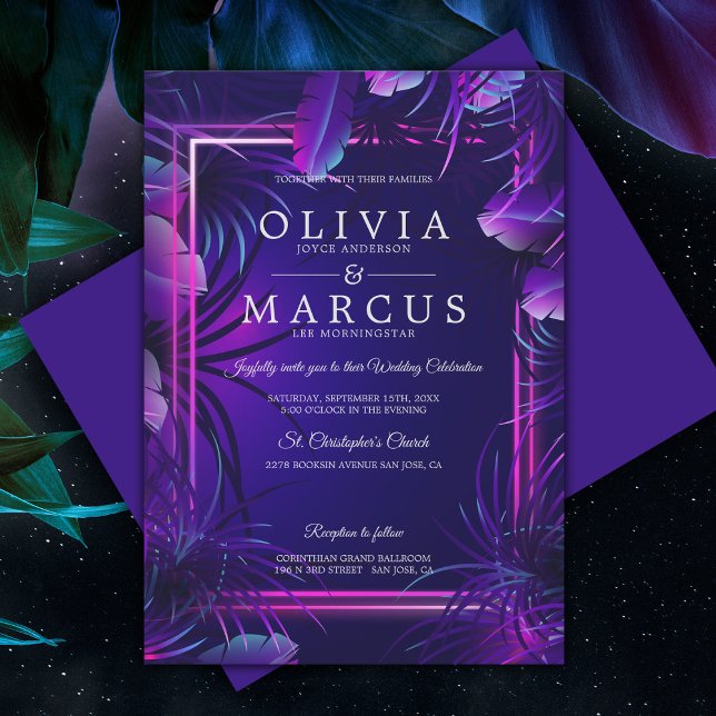 Wedding | Stunning Neon Tropical Foliage Invitation (BOLD  Tropical Neon Wedding in shades of blue and purple.)